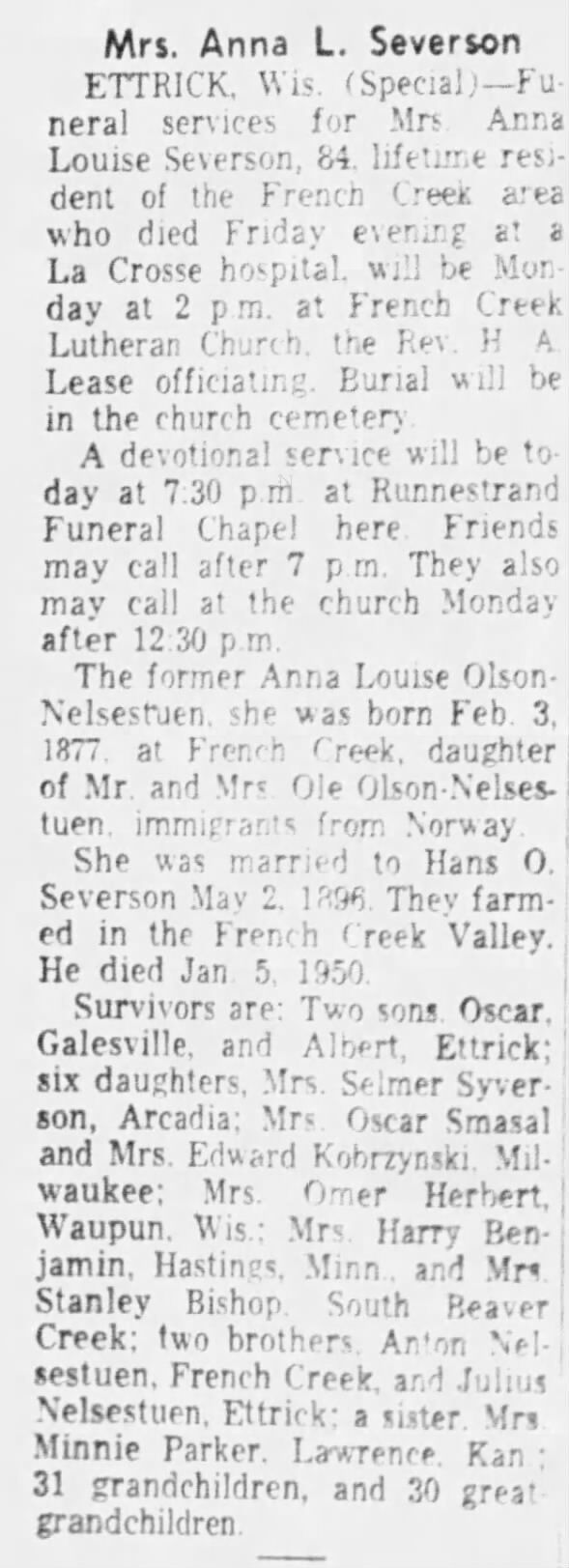 Obituary for Anna Louise Severson (Aged 84)